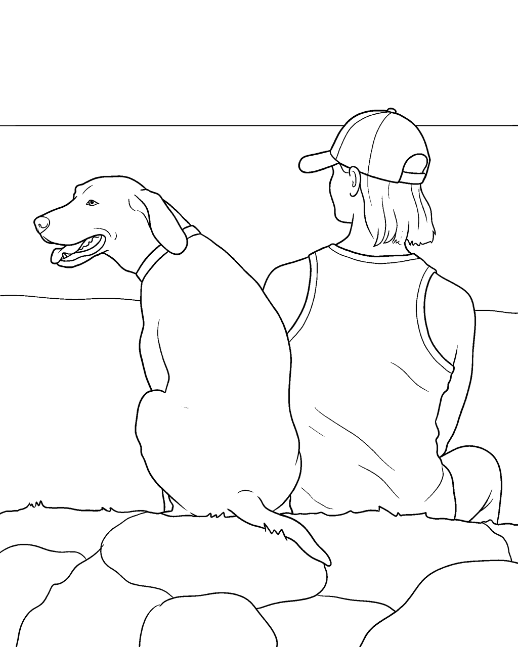 Coloring page of a person and a big dog sitting on the grass by the beach, drawn from a vacation photo