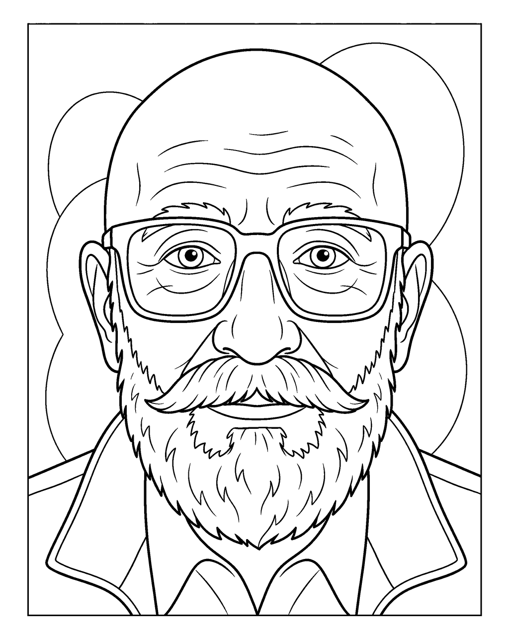 Coloring page of an older man with a white beard and round glasses, drawn from a close-up portrait