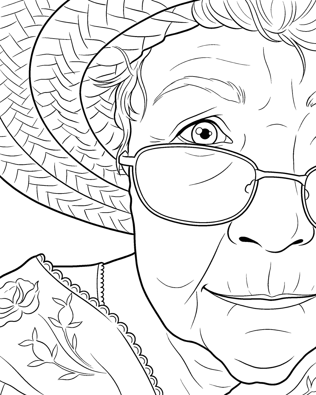Coloring page of a grandmother in a wide sun hat and glasses, drawn from a close-up photo