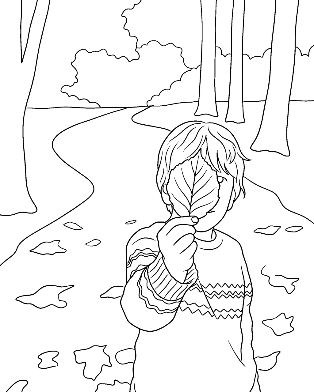 Coloring page of a child holding up a big autumn leaf in front of his face, drawn from a photo