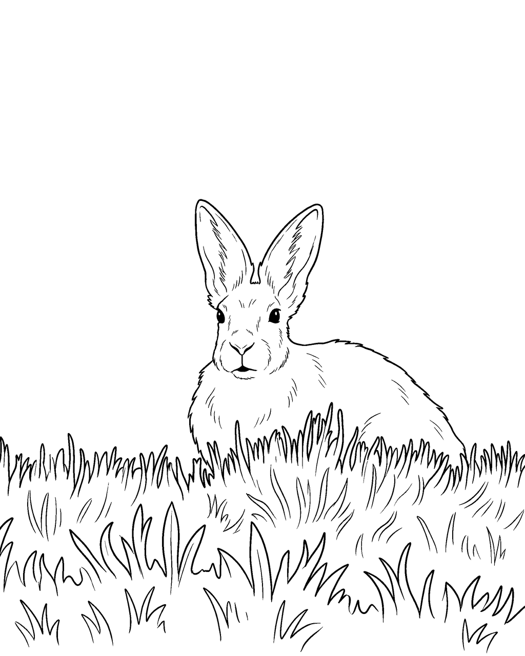 Coloring page of a white rabbit in tall grass, drawn from a photo